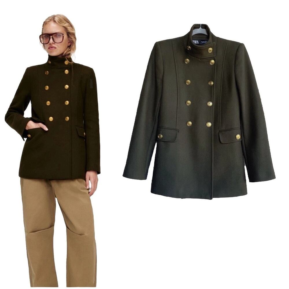 Zara MANTECO Pea Coat Small‎ Olive Green Army Military Jacket Blogger Favorite